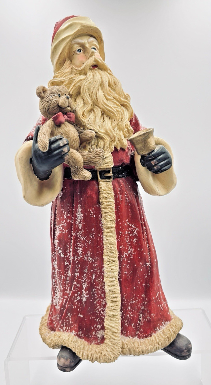 Santa With Teddy Bear Bell Ringing Figurine Resin St. Nicholas Claus 12.5" Tall
